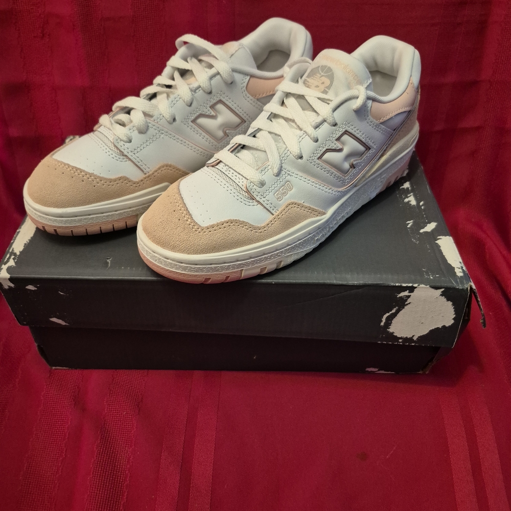 New Balance White and Tan Sneakers